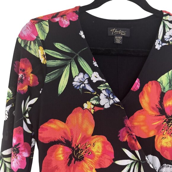 Thalia Sodi Womens Black Floral Tropical Print Bell Sleeve V-Neck Long Sleeve XS - Picture 2 of 8